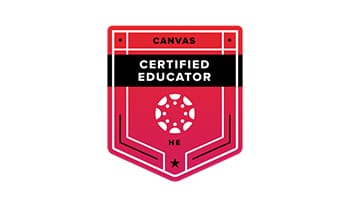A red and black shield with the words canvas certified educator on it.
