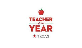 A red apple is on the top of macy 's teacher of the year logo.