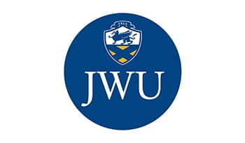 A blue circle with the letters jwu and an emblem.