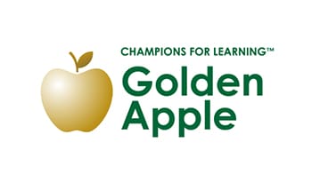 A golden apple logo with the words " champions for learning " underneath it.